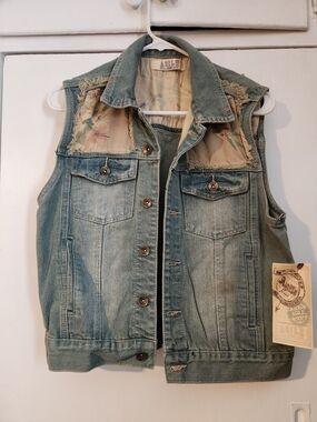 New AGILE Distressed Denim Vest with Floral Insets - Light Blue